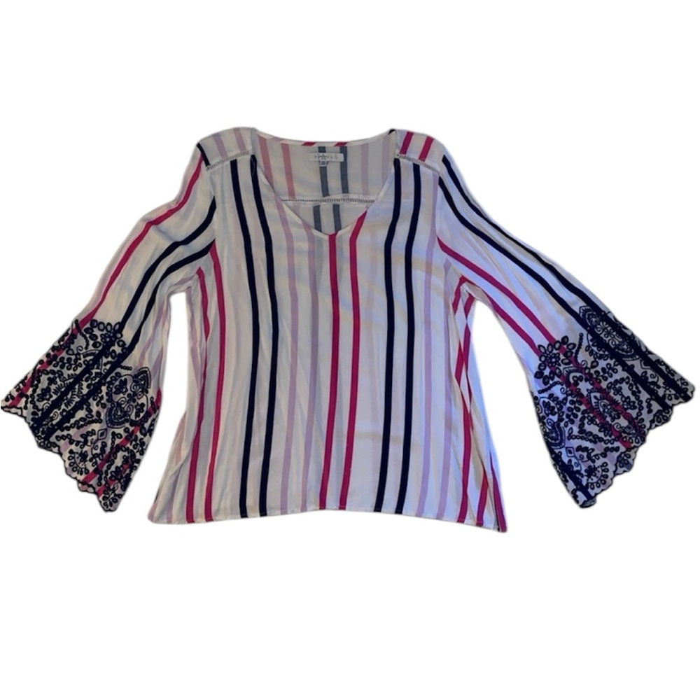 Fever Pink and Purple Striped Bell Sleeve Blouse with Lace Detail - Picture 7 of 7
